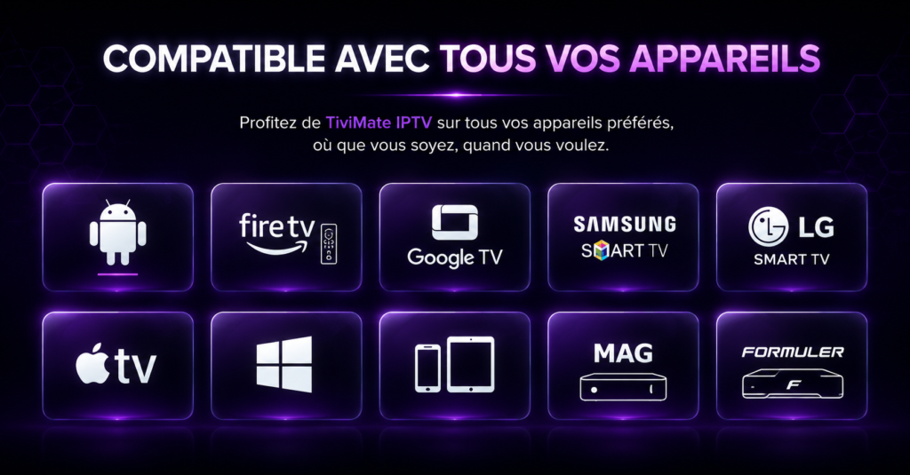 Profitez de TiviMate IPTV sur Android TV, Fire Stick, Smart TV Samsung & LG, Apple TV, Windows, MAG et Formuler